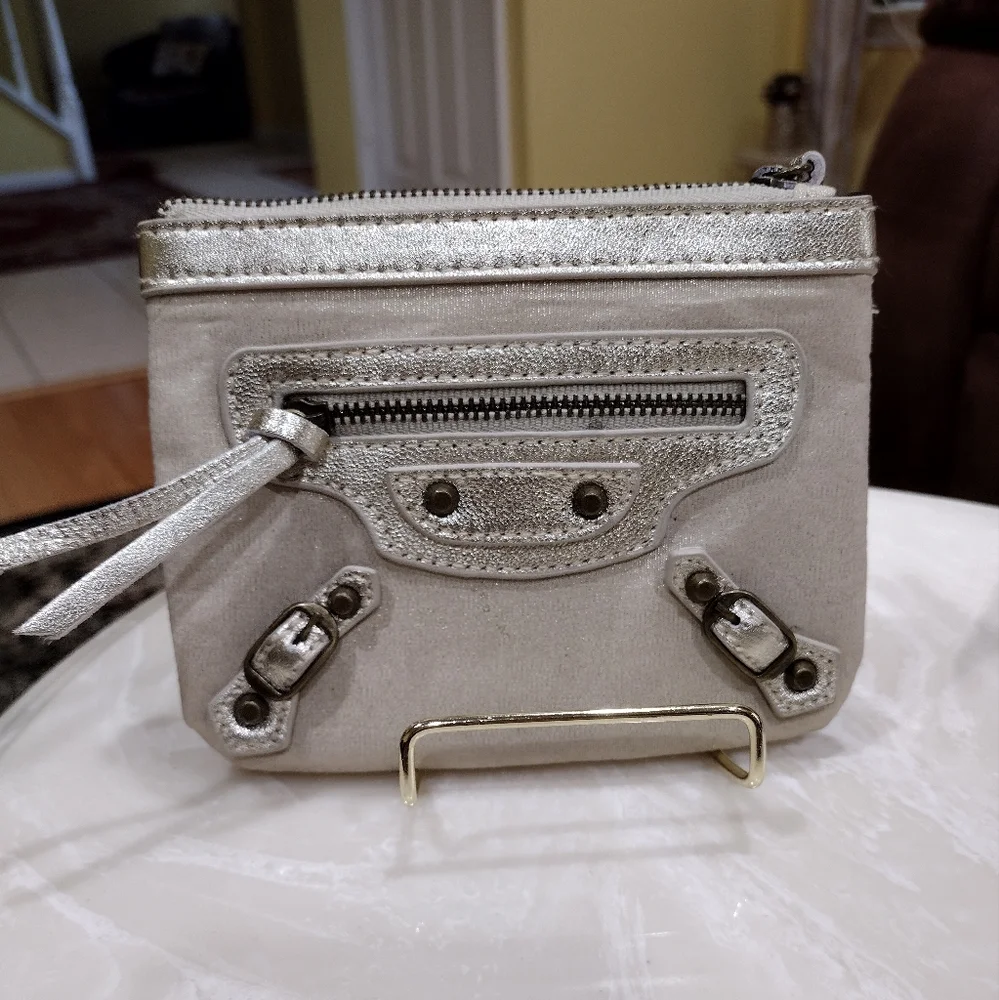 Balenciaga Paris Gold Leather Trim Card Coin Zip Holder